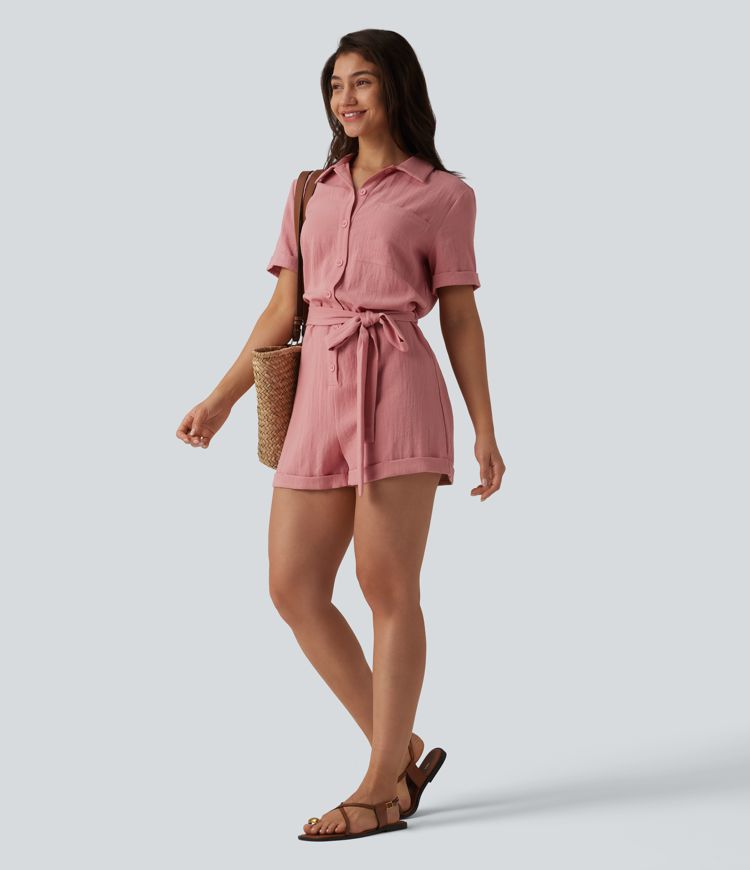 Short Sleeve Belted Linen-Feel Shirt Romper with Pocket