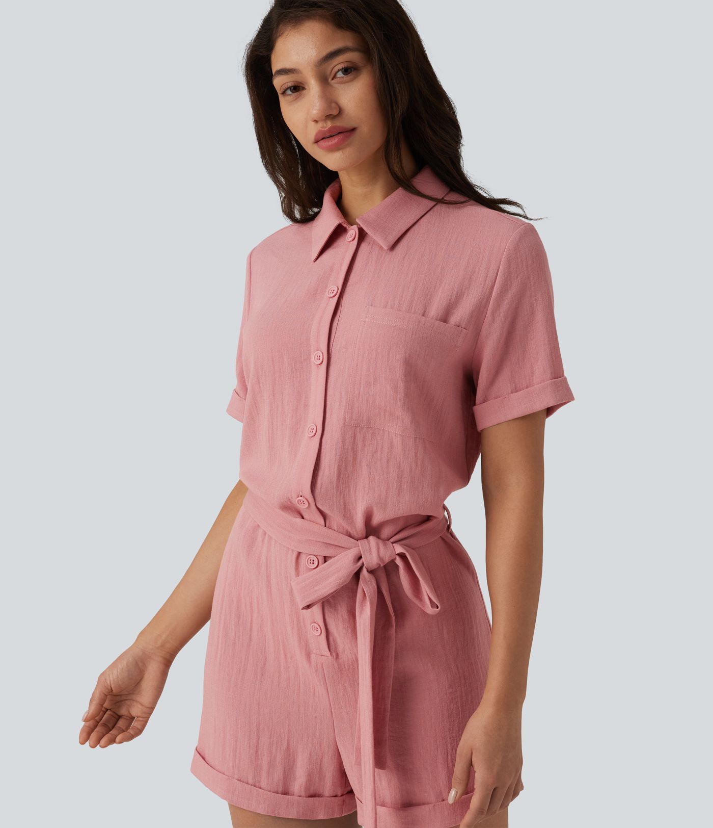 Short Sleeve Belted Linen-Feel Shirt Romper with Pocket