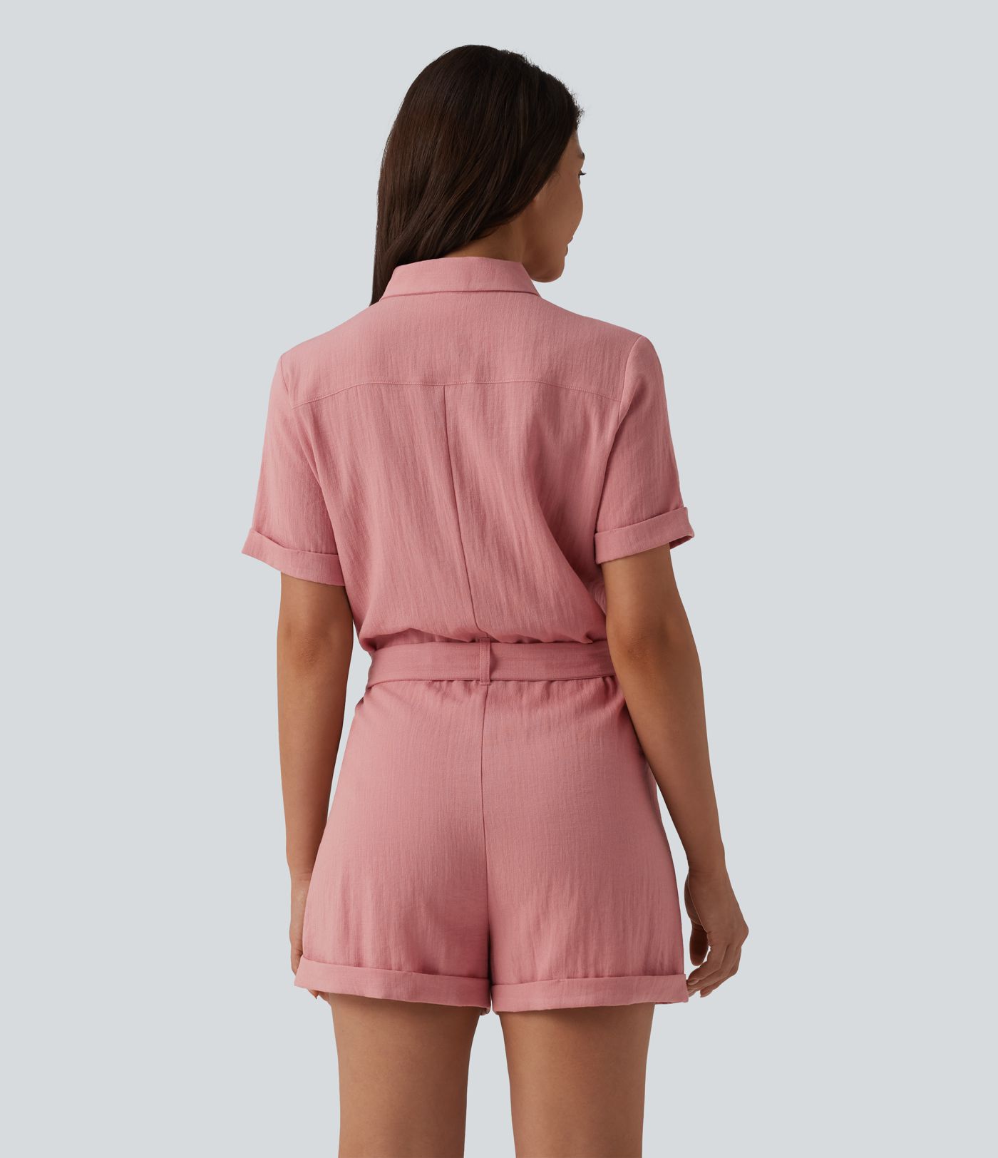 Short Sleeve Belted Linen-Feel Shirt Romper with Pocket
