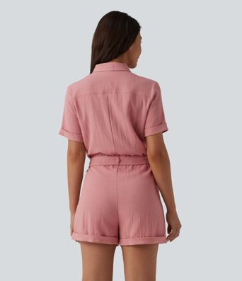 Short Sleeve Belted Linen-Feel Shirt Romper with Pocket