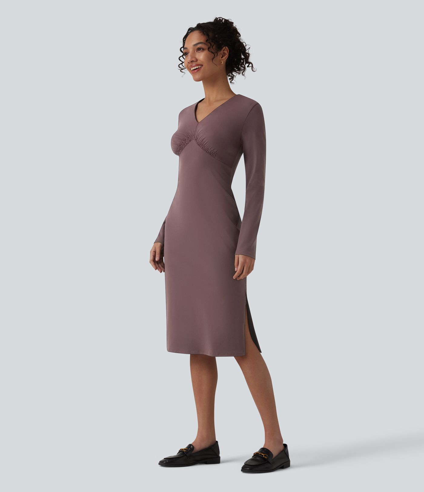 midi long sleeve work dress Women's V-neck Long Sleeve Tie Back Midi Work Dress with Pockets