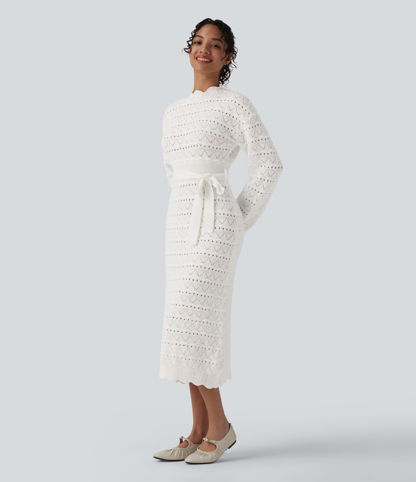 Long Sleeve Belted Midi Casual Sweater Dress