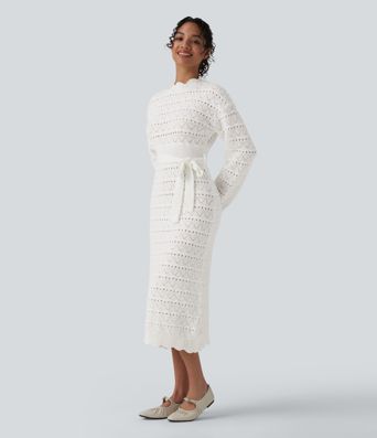 Long Sleeve Belted Midi Casual Sweater Dress