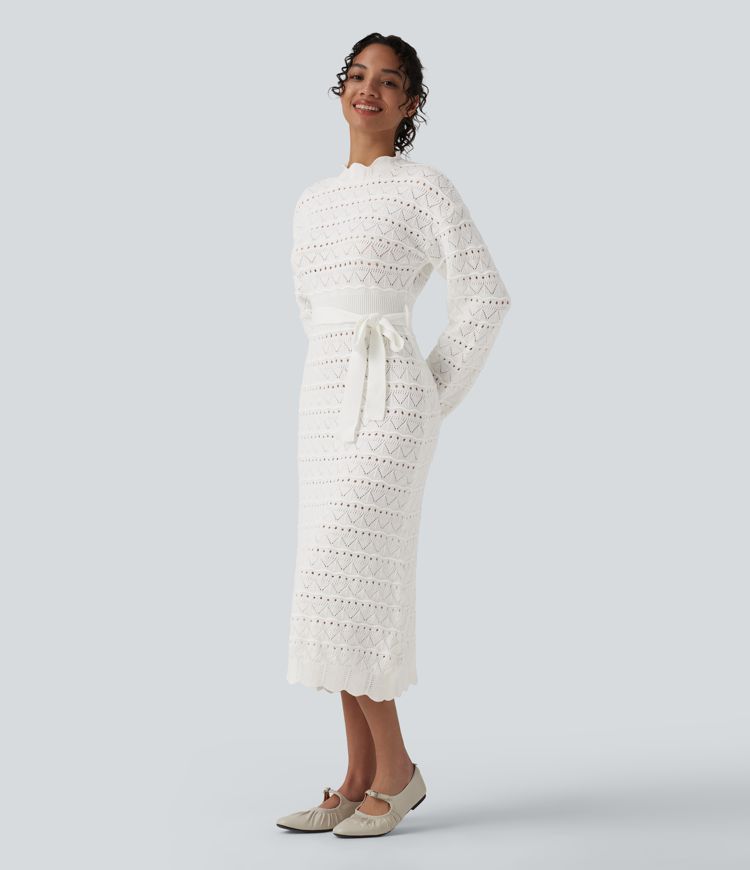 Long Sleeve Belted Midi Casual Sweater Dress