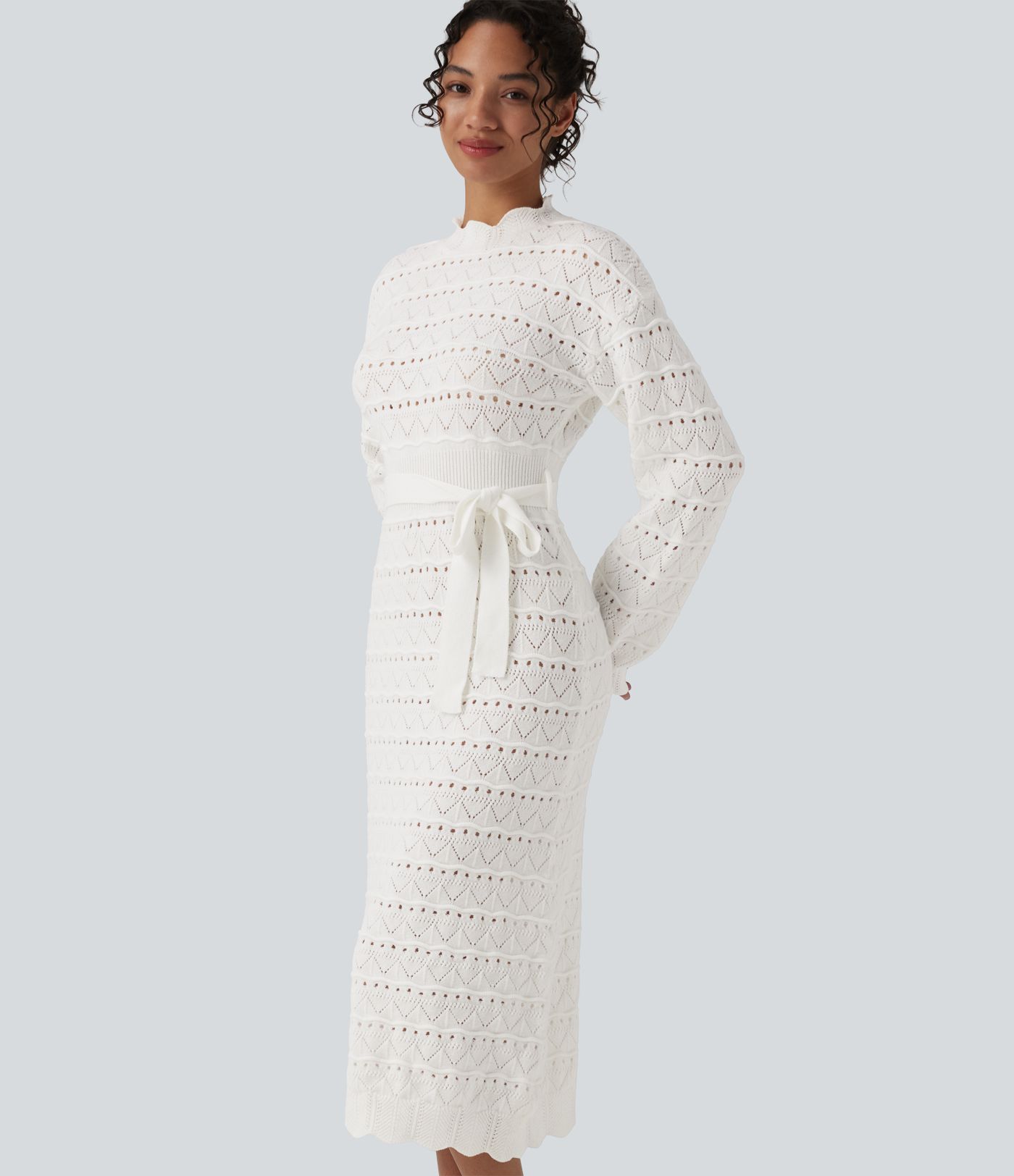 Long Sleeve Belted Midi Casual Sweater Dress