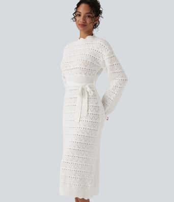 Long Sleeve Belted Midi Casual Sweater Dress