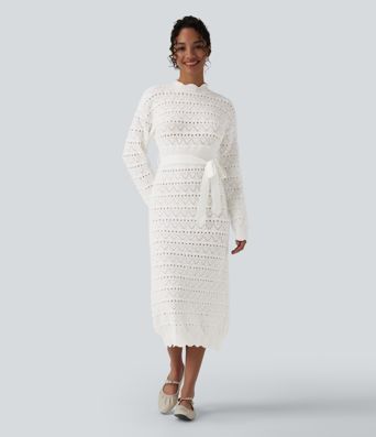 Long Sleeve Belted Midi Casual Sweater Dress