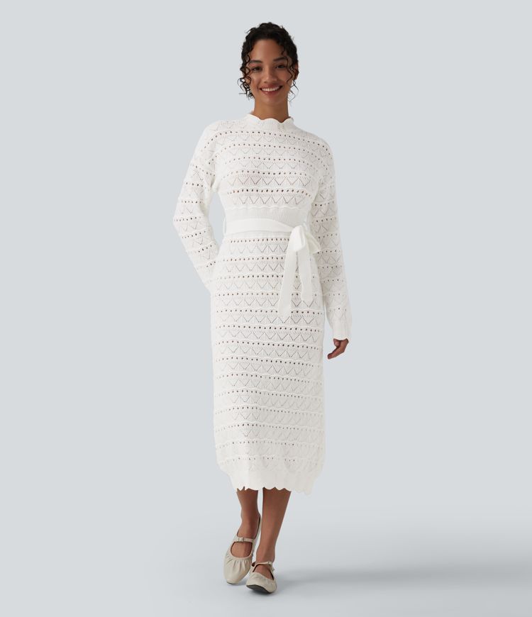 Long Sleeve Belted Midi Casual Sweater Dress