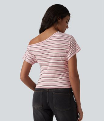 Ribbed Knit One-shoulder Batwing Sleeve Stripes Resort Top