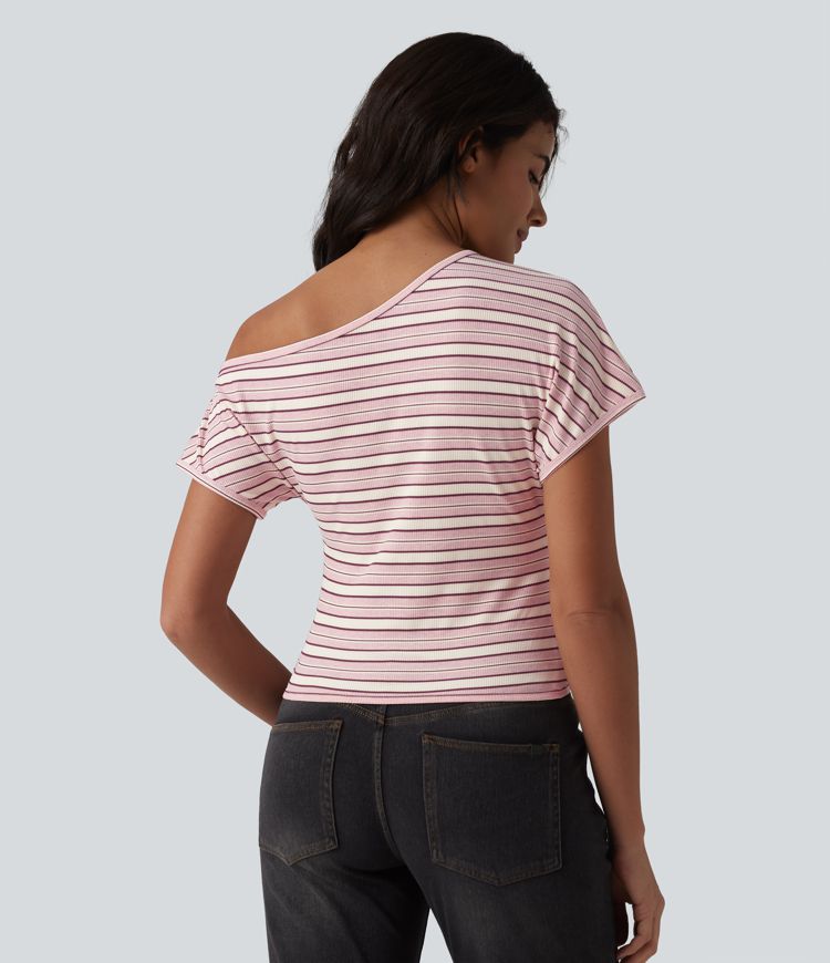 Ribbed Knit One-shoulder Batwing Sleeve Stripes Resort Top