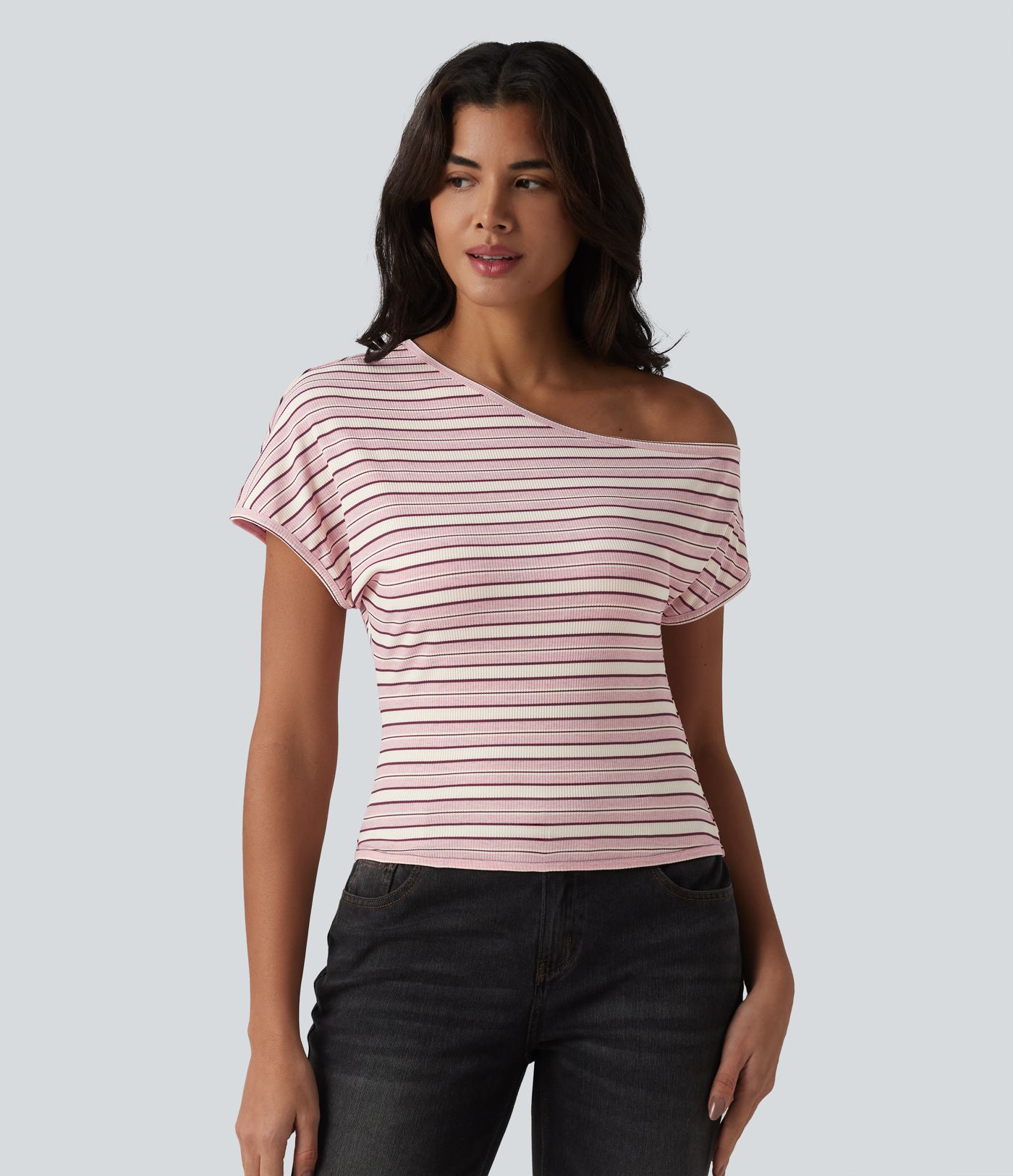 Ribbed Knit One-shoulder Batwing Sleeve Stripes Resort Top