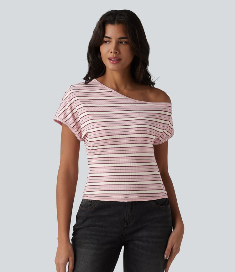 Ribbed Knit One-shoulder Batwing Sleeve Stripes Resort Top