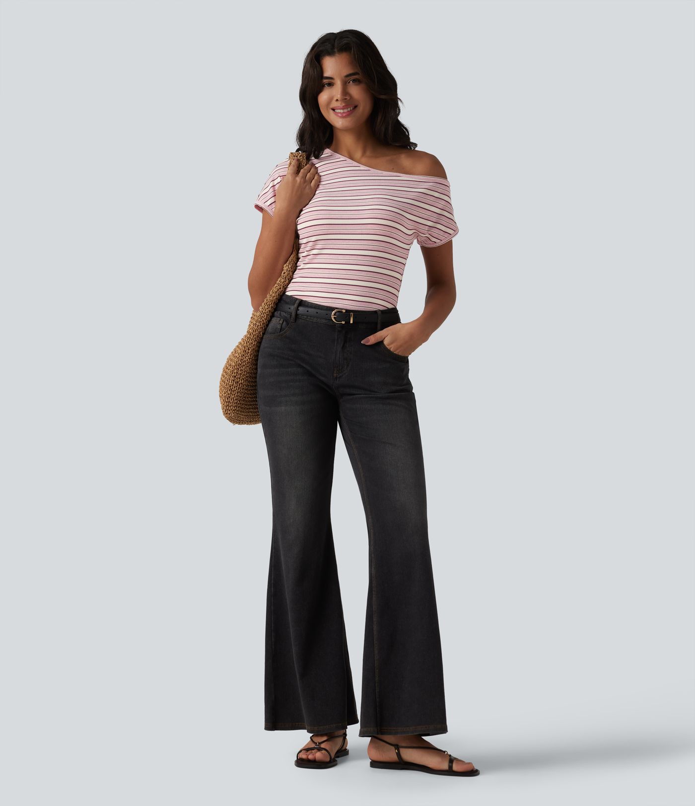 Ribbed Knit One-shoulder Batwing Sleeve Stripes Resort Top