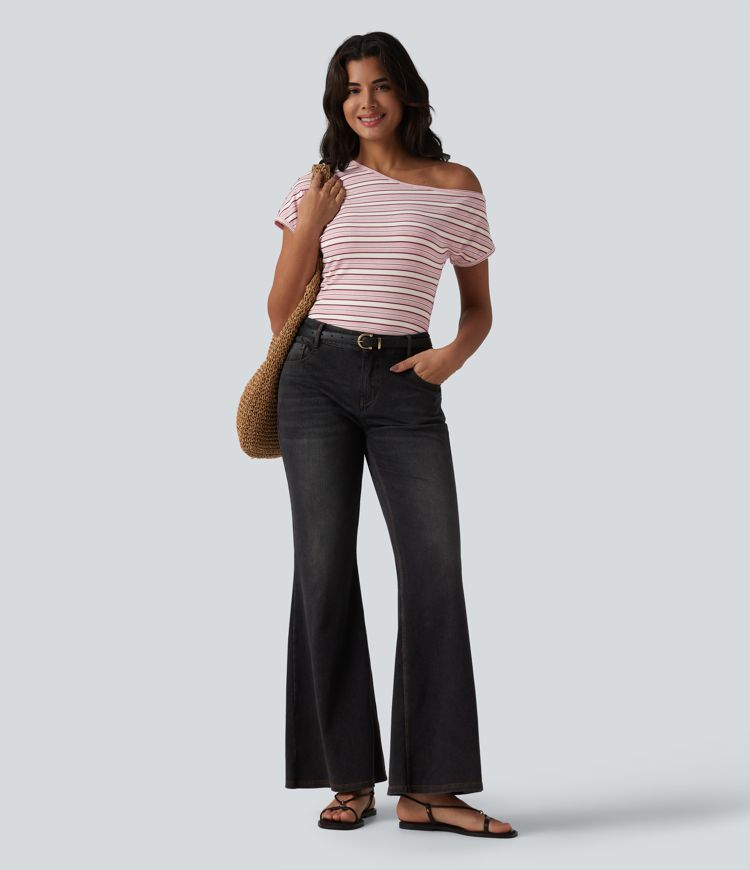 Ribbed Knit One-shoulder Batwing Sleeve Stripes Resort Top