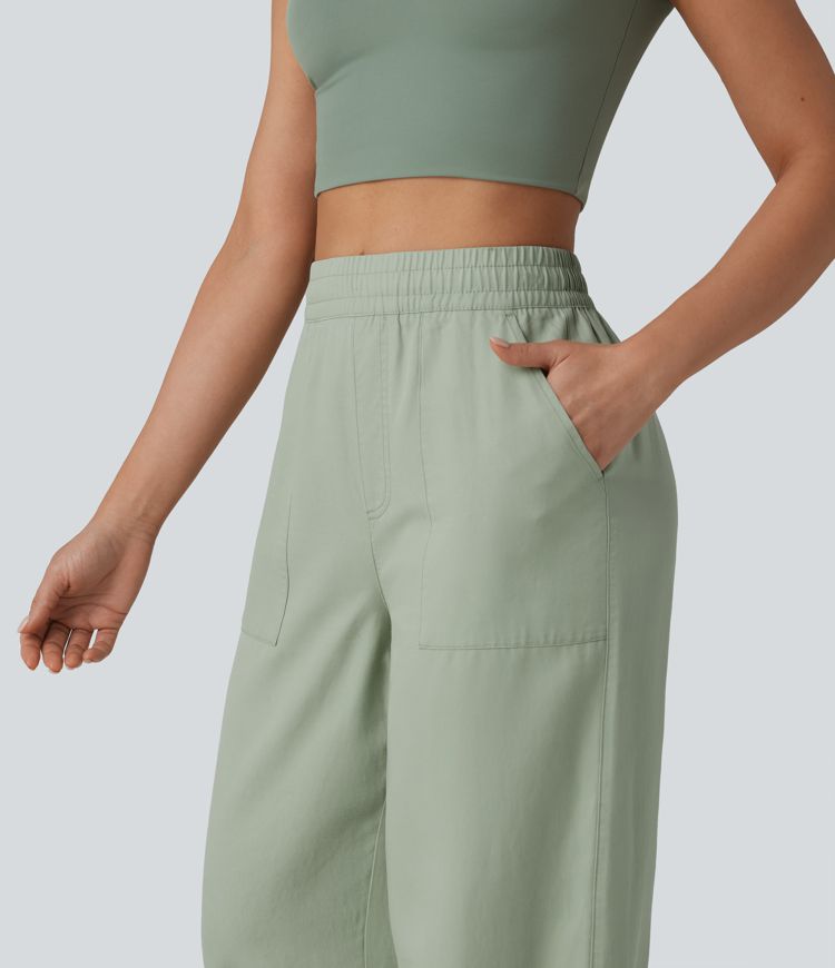 Lässige Hose aus Lyocell-Leinenmischung mit hohem Bund, Seitentaschen, Kordelzug und weitem Bein