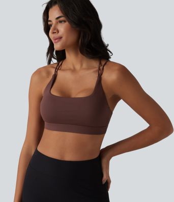 Yoga-Sport-BH aus geripptem Strick mit leichtem Support, eckigem Ausschnitt und integriertem BH - UPF40+