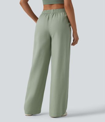 Lässige Hose aus Lyocell-Leinenmischung mit hohem Bund, Seitentaschen, Kordelzug und weitem Bein