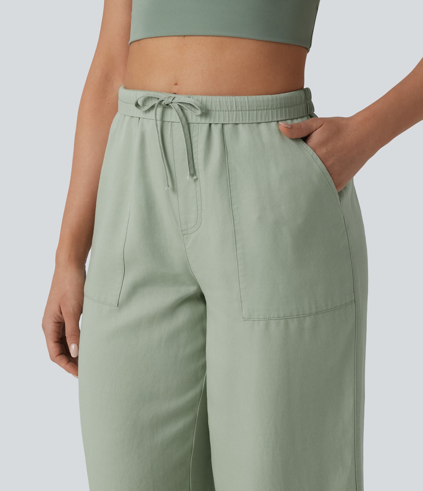 Lässige Hose aus Lyocell-Leinenmischung mit hohem Bund, Seitentaschen, Kordelzug und weitem Bein