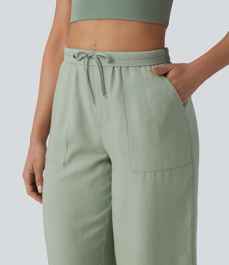 Lässige Hose aus Lyocell-Leinenmischung mit hohem Bund, Seitentaschen, Kordelzug und weitem Bein