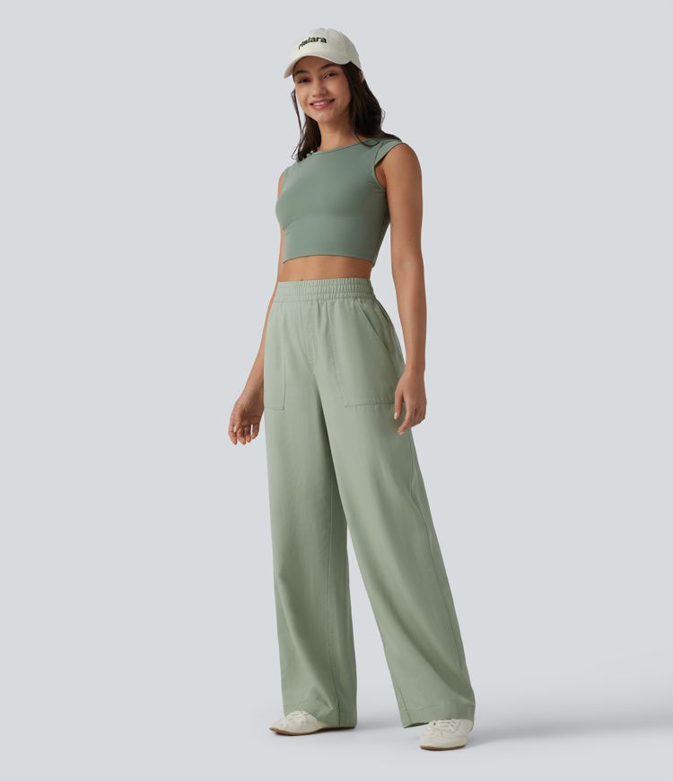 Lässige Hose aus Lyocell-Leinenmischung mit hohem Bund, Seitentaschen, Kordelzug und weitem Bein