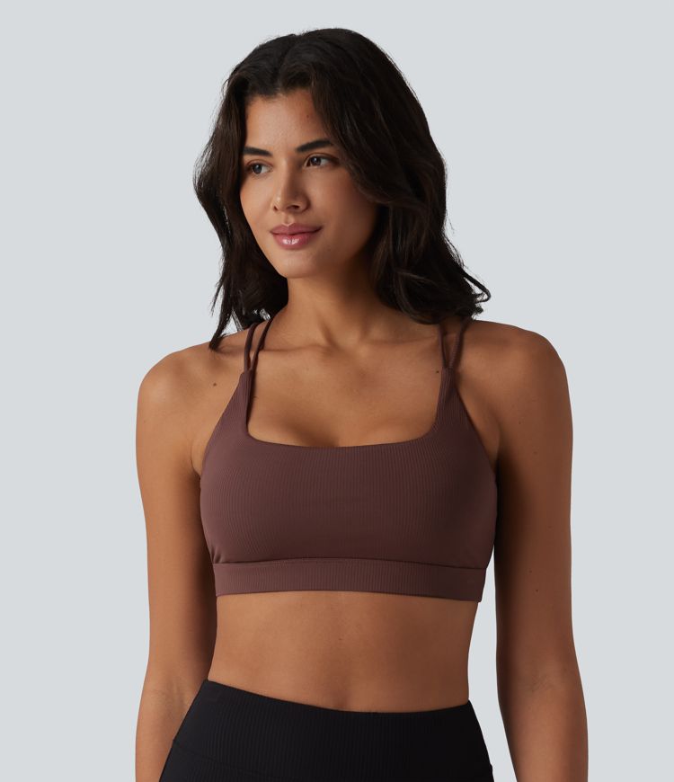 Yoga-Sport-BH aus geripptem Strick mit leichtem Support, eckigem Ausschnitt und integriertem BH - UPF40+