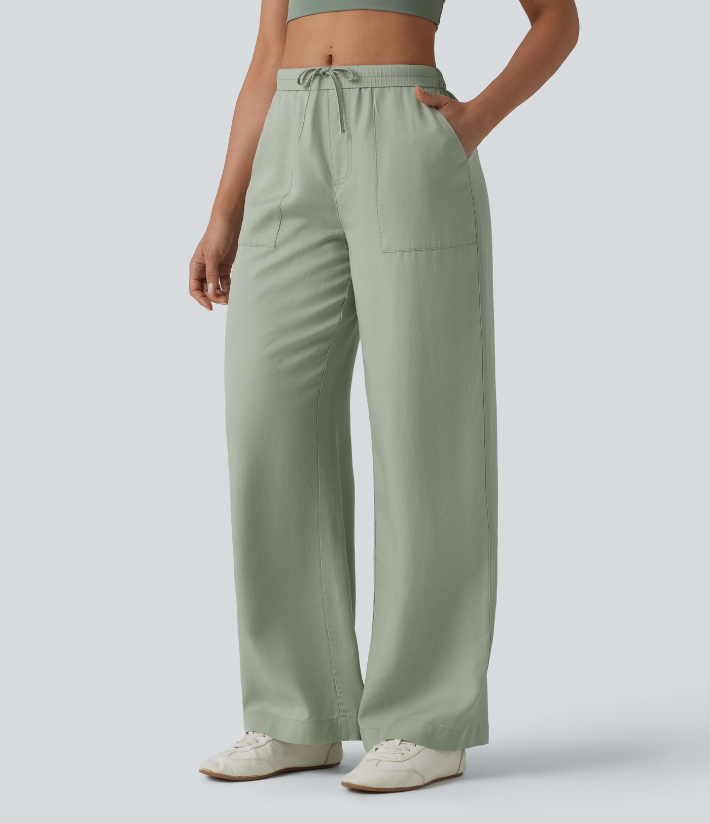 Lässige Hose aus Lyocell-Leinenmischung mit hohem Bund, Seitentaschen, Kordelzug und weitem Bein