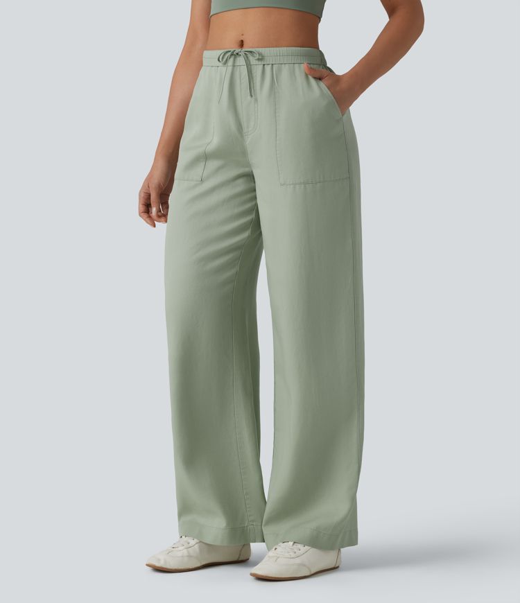 Lässige Hose aus Lyocell-Leinenmischung mit hohem Bund, Seitentaschen, Kordelzug und weitem Bein