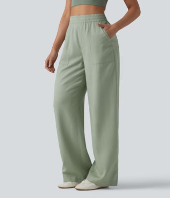 Lässige Hose aus Lyocell-Leinenmischung mit hohem Bund, Seitentaschen, Kordelzug und weitem Bein