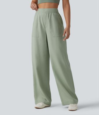 High Waisted Inner Drawstring Lyocell Linen-Blend Casual Wide Leg Pants with Pockets