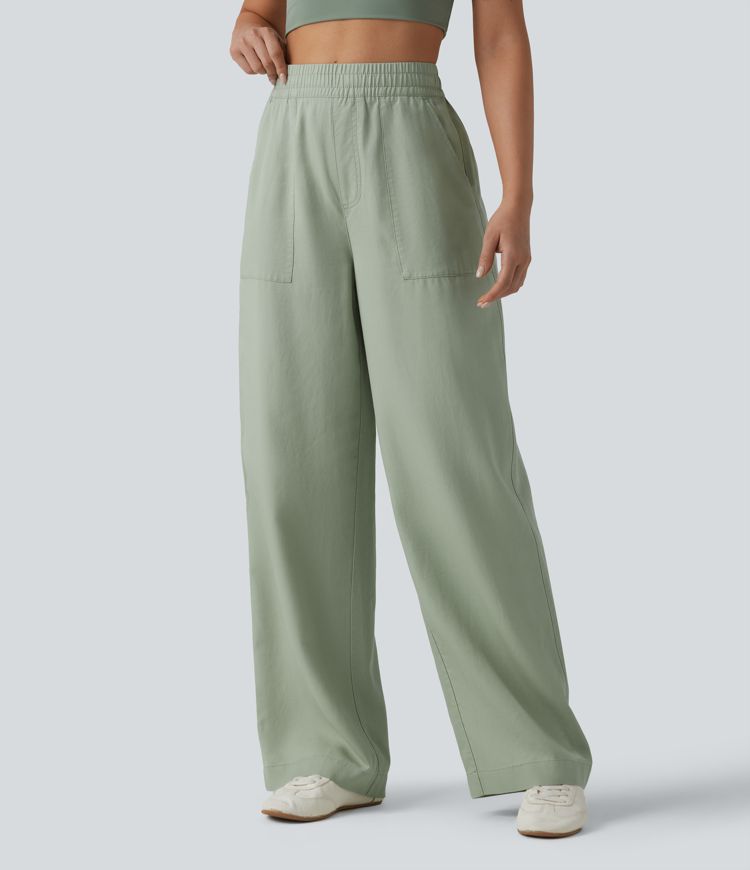 High Waisted Inner Drawstring Lyocell Linen-Blend Casual Wide Leg Pants with Pockets