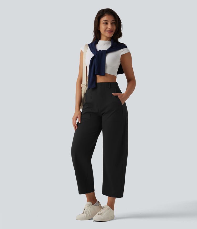 Pantalon décontracté DayStretch taille haute, coupe barrel avec poches