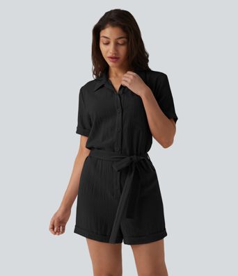 Short Sleeve Belted Linen-Feel Shirt Romper with Pocket
