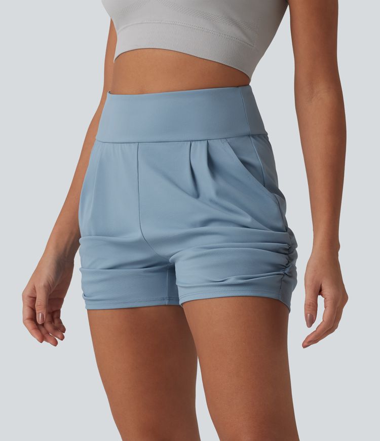 High Waisted Ruched Quick Dry Yoga Shorts with Pockets-UPF40+