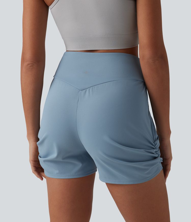 High Waisted Ruched Quick Dry Yoga Shorts with Pockets-UPF40+