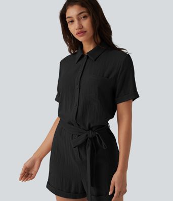 Short Sleeve Belted Linen-Feel Shirt Romper with Pocket