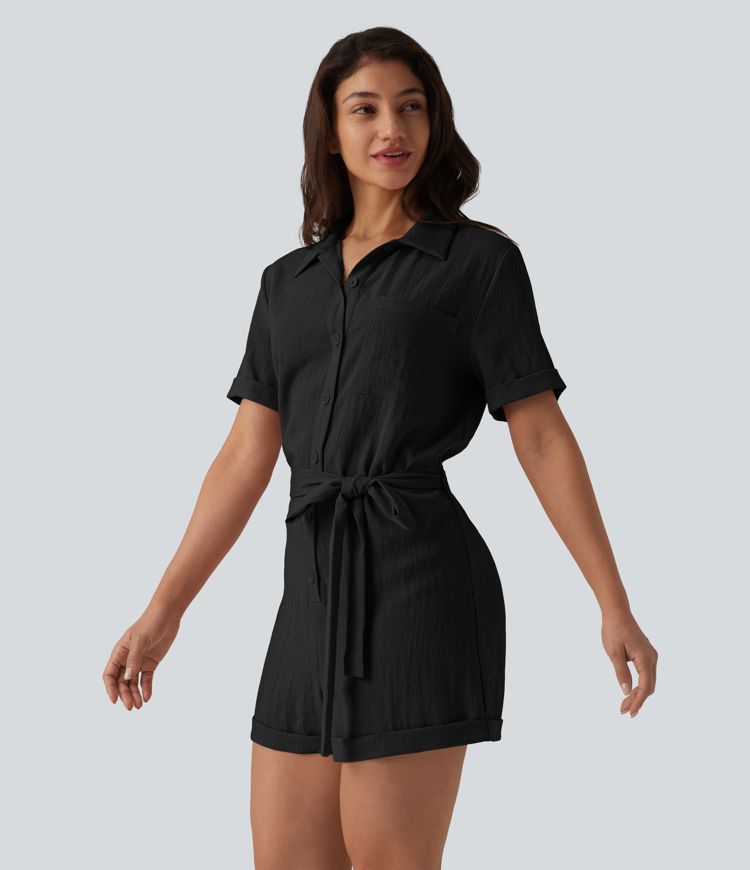 Short Sleeve Belted Linen-Feel Shirt Romper with Pocket