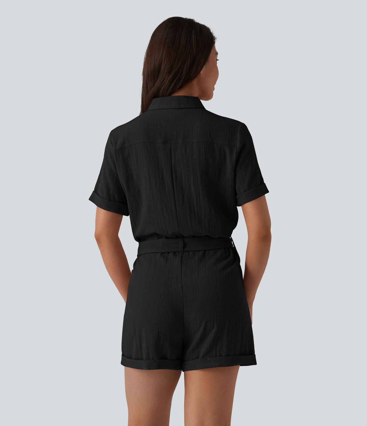 Short Sleeve Belted Linen-Feel Shirt Romper with Pocket