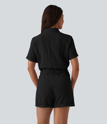 Short Sleeve Belted Linen-Feel Shirt Romper with Pocket