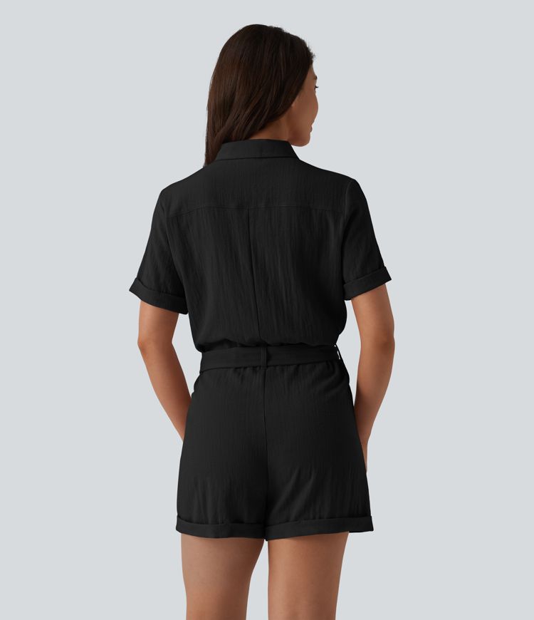 Short Sleeve Belted Linen-Feel Shirt Romper with Pocket