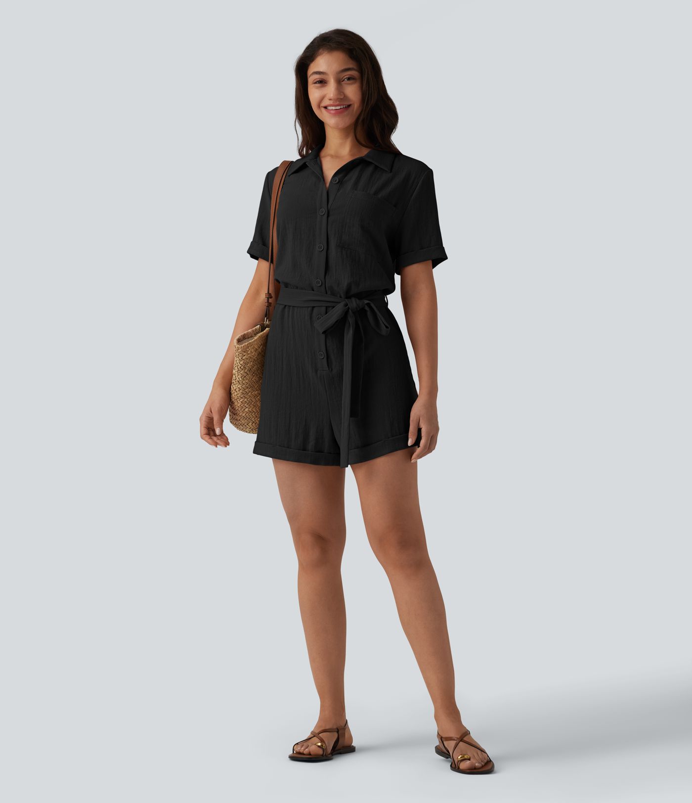 Short Sleeve Belted Linen-Feel Shirt Romper with Pocket