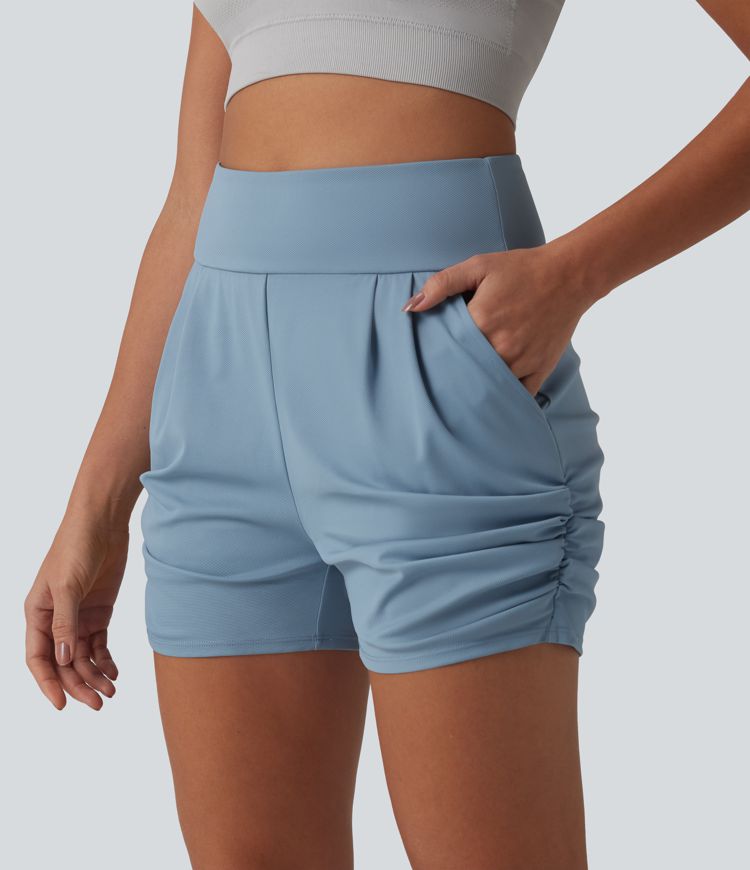 High Waisted Ruched Quick Dry Yoga Shorts with Pockets-UPF40+