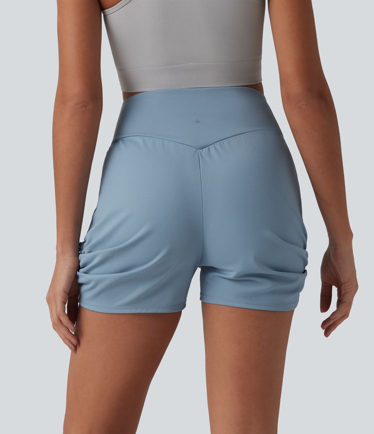 High Waisted Ruched Quick Dry Yoga Shorts with Pockets-UPF40+