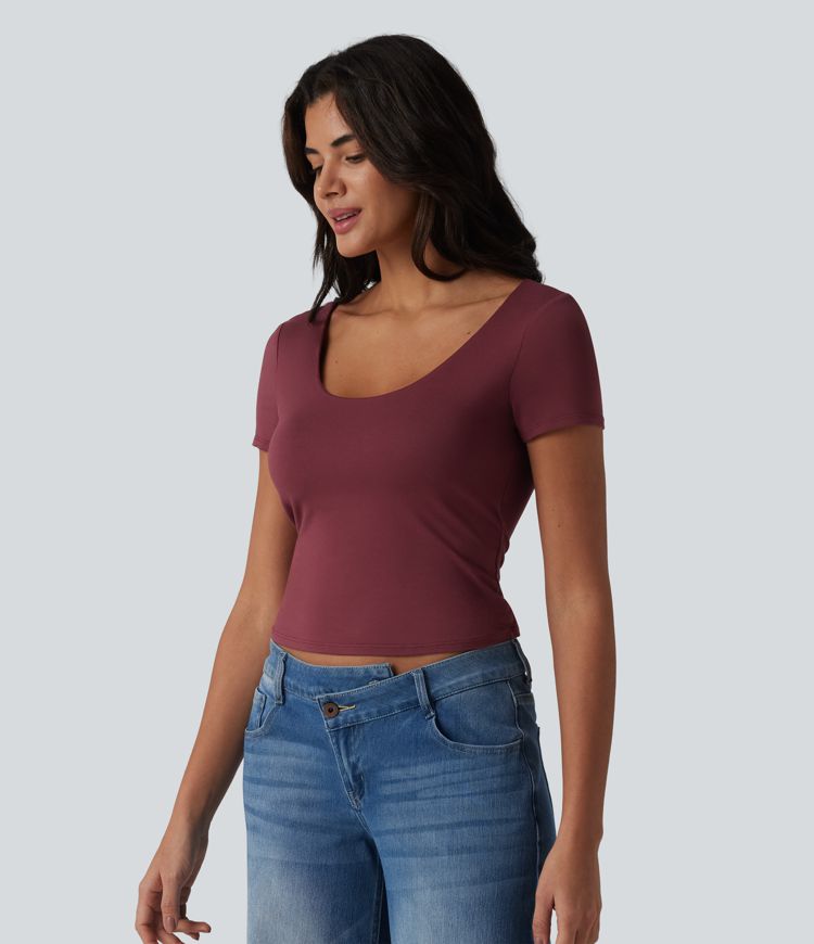 U Neck Short Sleeve Built-in Bra Contrast Lace Tie Back Casual T-Shirt