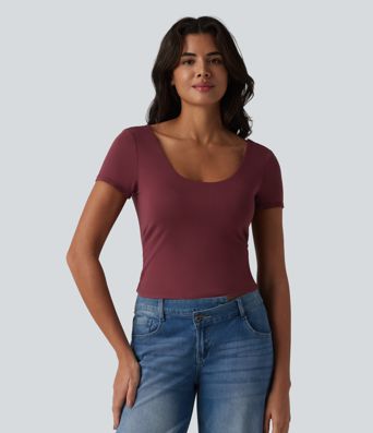 U Neck Short Sleeve Built-in Bra Contrast Lace Tie Back Casual T-Shirt