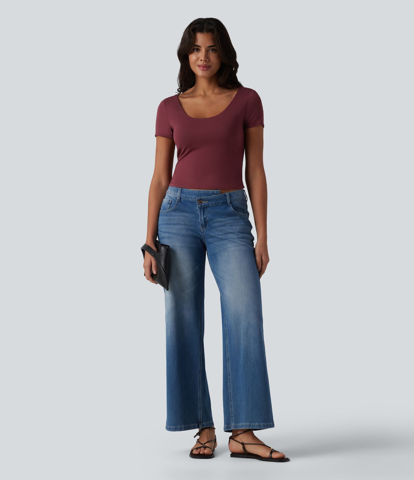 U Neck Short Sleeve Built-in Bra Contrast Lace Tie Back Casual T-Shirt