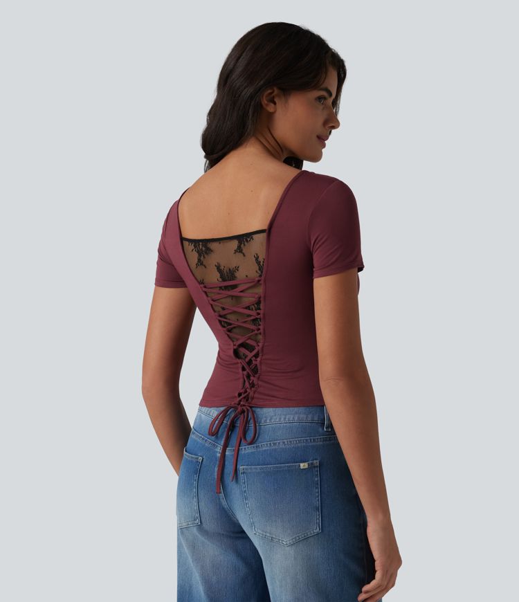 U Neck Short Sleeve Built-in Bra Contrast Lace Tie Back Casual T-Shirt