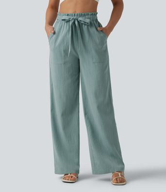 Lässige Hose in Leinenoptik mit hohem Bund, Seitentaschen, Gürtel, Rüschensaum und geradem Bein