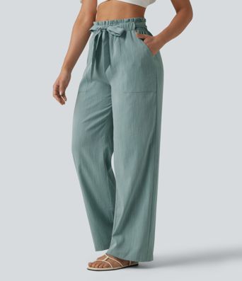 Lässige Hose in Leinenoptik mit hohem Bund, Seitentaschen, Gürtel, Rüschensaum und geradem Bein