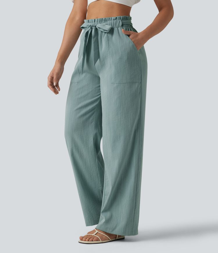 Lässige Hose in Leinenoptik mit hohem Bund, Seitentaschen, Gürtel, Rüschensaum und geradem Bein