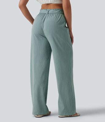 Lässige Hose in Leinenoptik mit hohem Bund, Seitentaschen, Gürtel, Rüschensaum und geradem Bein